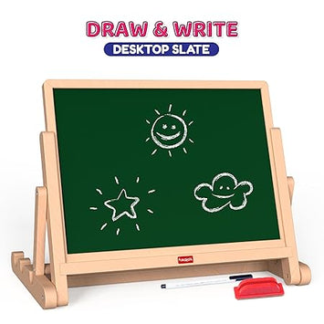 Draw N Write Desktop Slate, 4 in 1 Double Sided Board - Chalk Board & Dry Erase/Magnetic Board, Adjustable Angles, Magnetic Letters and Numbers, 3 Years