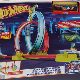 Neon Speeders Track Set, Laser Stunt Slamway with 1 Hot Wheels Car, Tri-Colored Track, Connects to Other Sets, Easy Storage for Kids Ages 5+