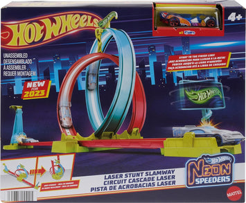 Neon Speeders Track Set, Laser Stunt Slamway with 1 Hot Wheels Car, Tri-Colored Track, Connects to Other Sets, Easy Storage for Kids Ages 5+