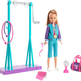 Barbie Team Stacie Doll and Gymnastics Playset with Spinning Bar and 7 Themed Accessories for Kids Ages 3+